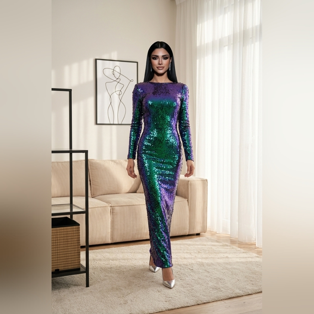 AKURA Elegant Sequin Evening Gown - Green Teal Size M